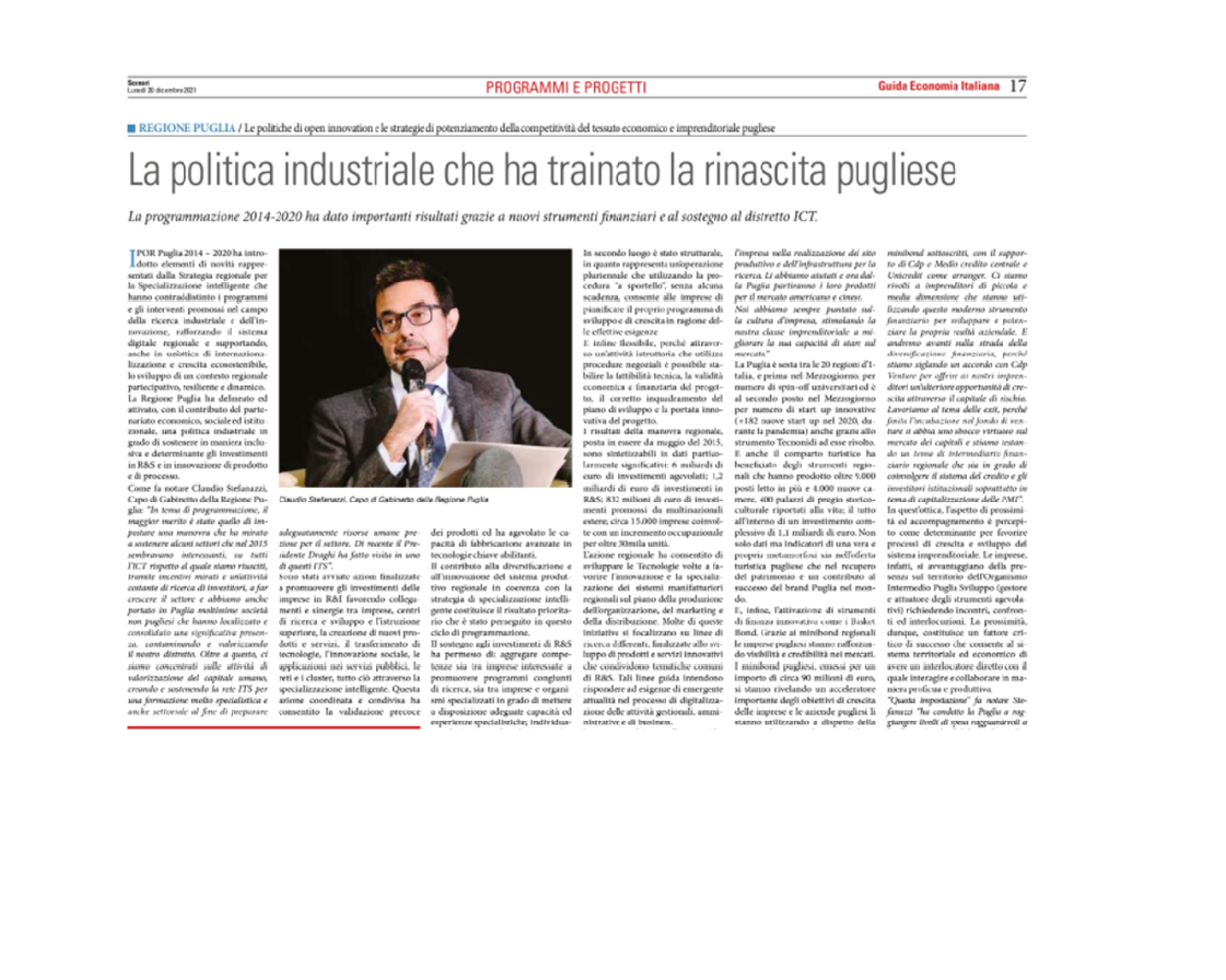 “La politica industriale che ha trainato la rinascita pugliese”. L’analisi su “Scenari – Guida Economia Italiana” de “Il Sole 24 Ore”